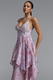 Yuni Resort Flowy Spaghetti Strap Lace Trimmed Asymmetric Ruffle Woven Maxi Dress